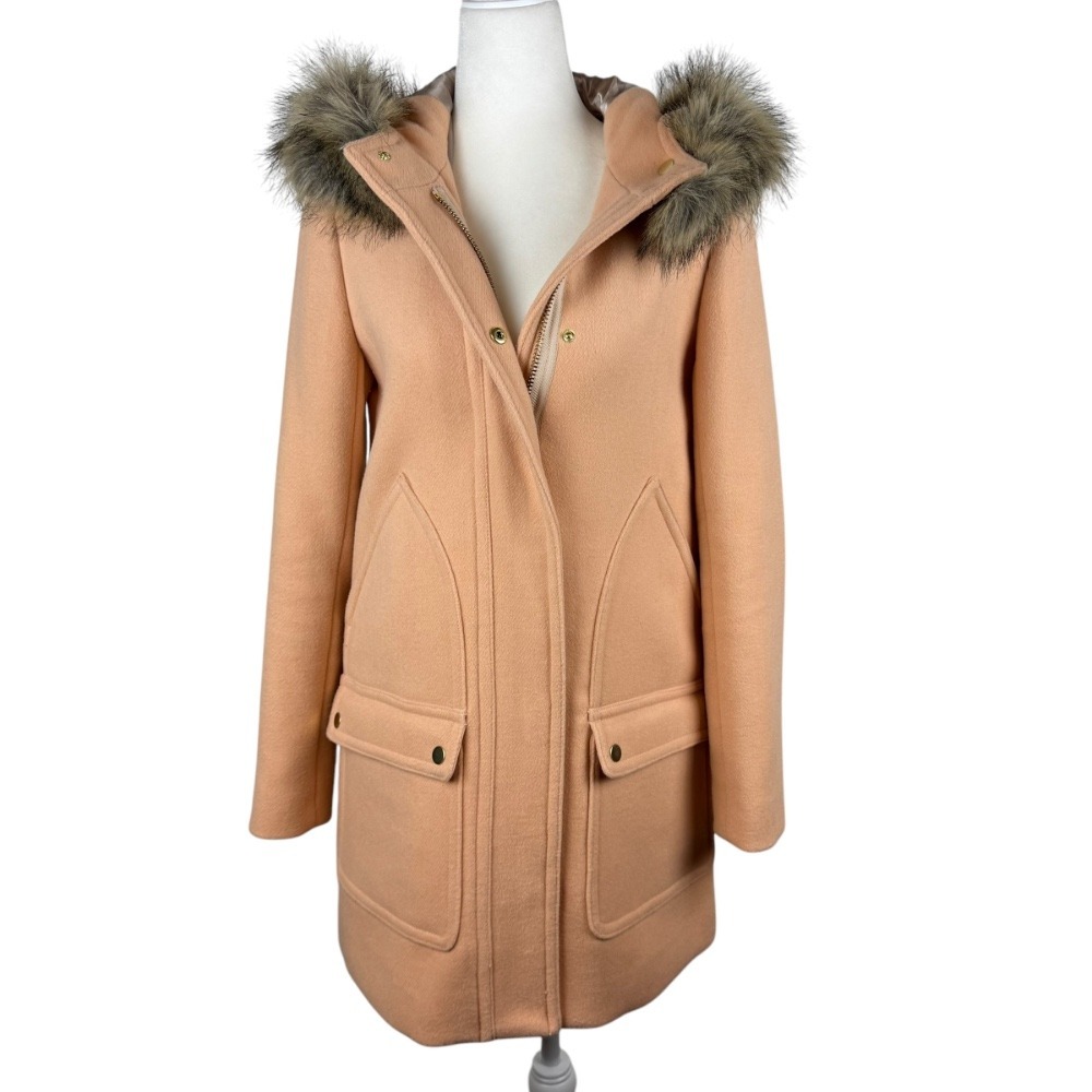 J.Crew Vail Parka Wool Coat Sz 0 Faux Fur Hooded Jacket Winter Warm Peach Pastel
